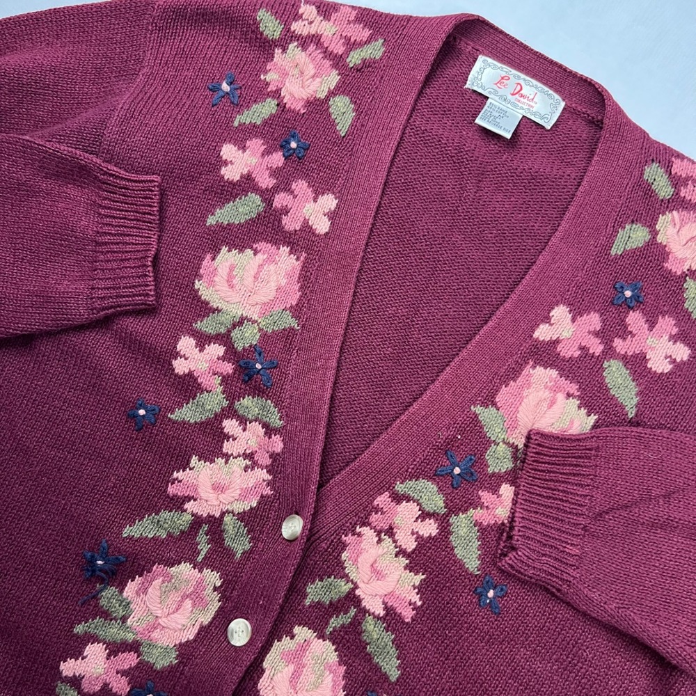 Vintage Lee David Womens Burgundy Floral Cardigan Sweater | Size M | Grandma